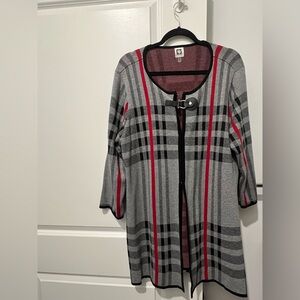 Anne Klein Gray Plaid Cardigan with Red Accents